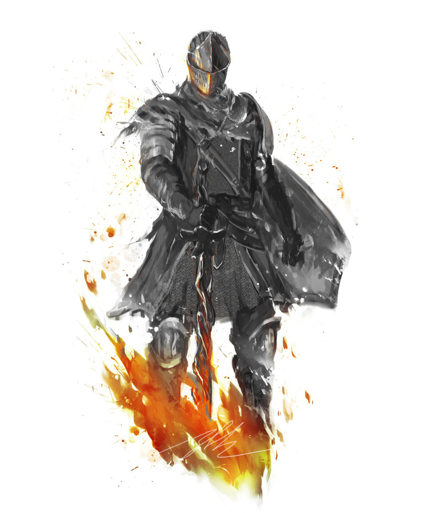 1boy armor bonfire chosen_undead commentary dark_souls_i english_commentary fire full_armor gauntlets helmet highres holding holding_shield holding_sword holding_weapon pauldrons planted planted_sword shield shimhaq shoulder_armor signature solo souls_(series) sword weapon