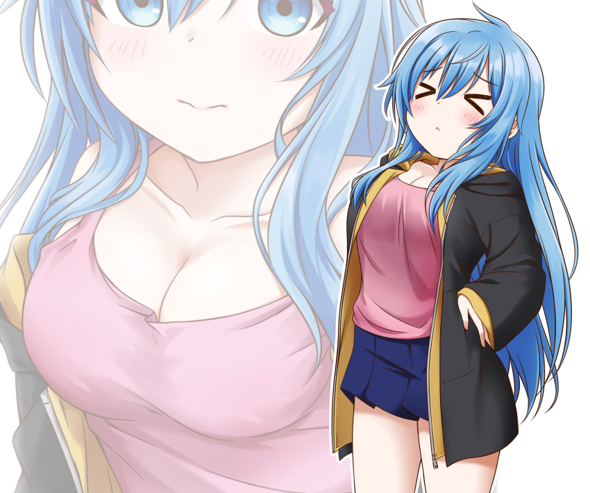 >_< :< absurdres blue_eyes blue_hair blush breasts cleavage closed_eyes closed_mouth collarbone elie_wayne female highres jan_azure large_breasts long_hair long_sleeves looking_at_viewer multiple_views original pink_tank_top stretching tank_top