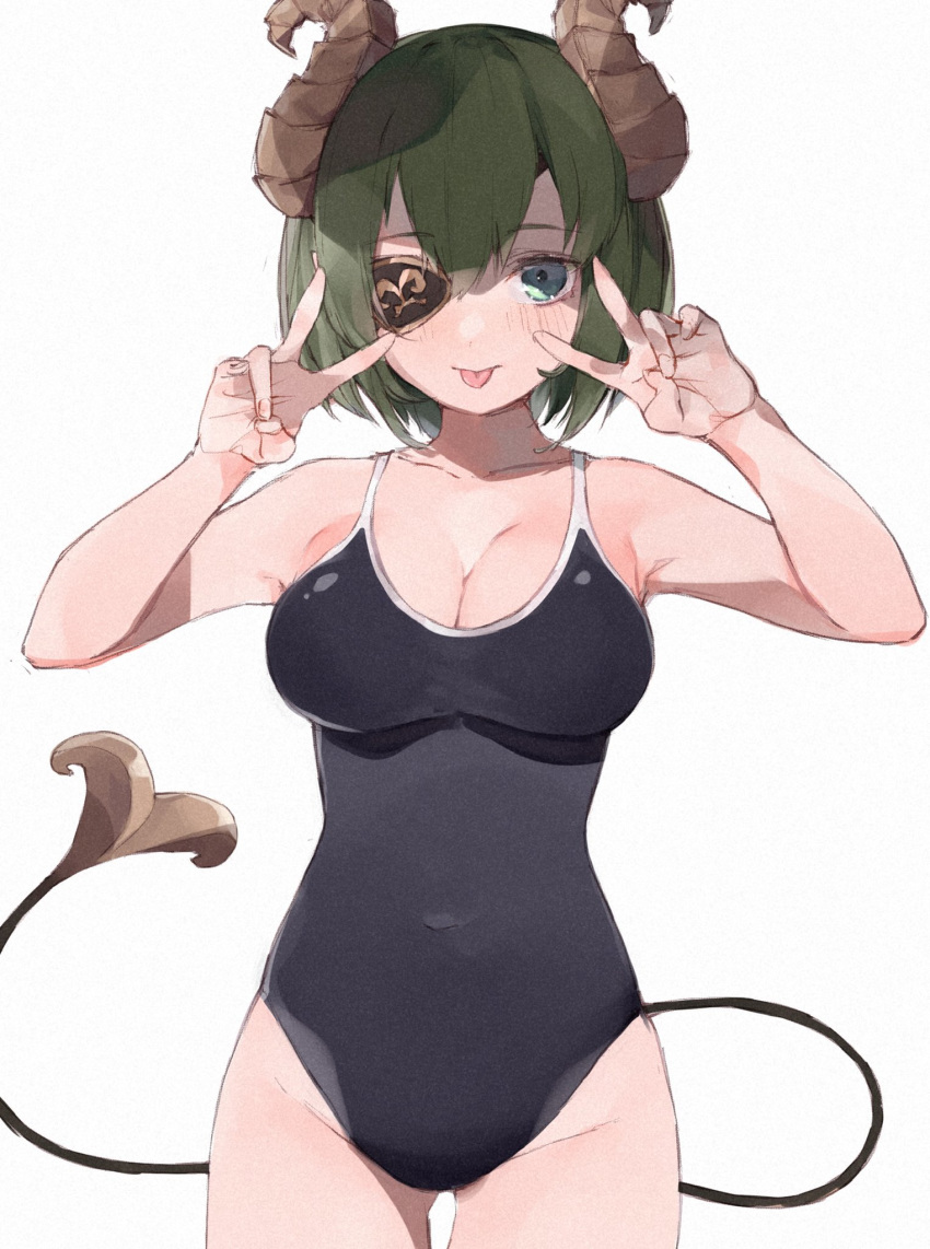 bad_id bad_twitter_id black_one-piece_swimsuit blue_eyes blush breasts cleavage closed_mouth competition_school_swimsuit covered_navel cowboy_shot demon_girl demon_horns demon_tail eyepatch female green_hair groin highres honey_strap horns large_breasts looking_at_viewer nanashi_inc. one-piece_swimsuit rippootai school_swimsuit sekishiro_mico short_hair simple_background smile solo swimsuit tail thigh_gap tongue tongue_out virtual_youtuber white_background