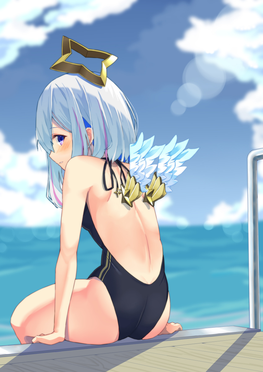 absurdres alternate_costume amane_kanata angel angel_wings back back_focus blue_hair blurry bob_cut cloud colored_inner_hair depth_of_field feathered_wings female from_behind grey_hair highres hololive kisara_mikami looking_at_viewer looking_back multicolored_hair one-piece_swimsuit purple_eyes short_hair sky solo swimsuit virtual_youtuber water wings