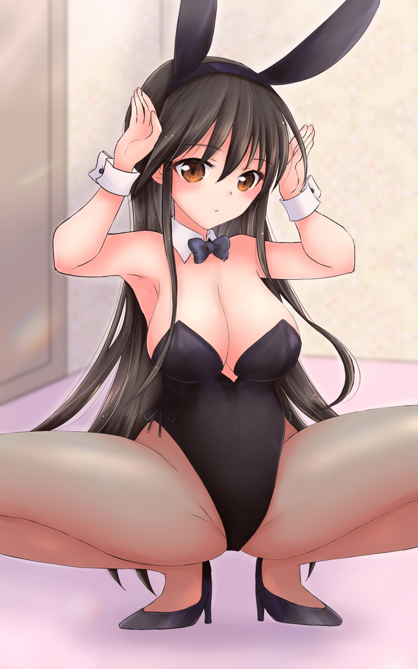 animal_ears black_bow black_bowtie black_footwear black_hair black_leotard bow bowtie breasts brown_eyes cleavage commentary_request detached_collar female high_heels highres large_breasts leotard long_hair looking_at_viewer original pantyhose playboy_bunny rabbit_ears rabbit_pose rabbit_tail rei_(ls91407662) solo squatting strapless strapless_leotard tail