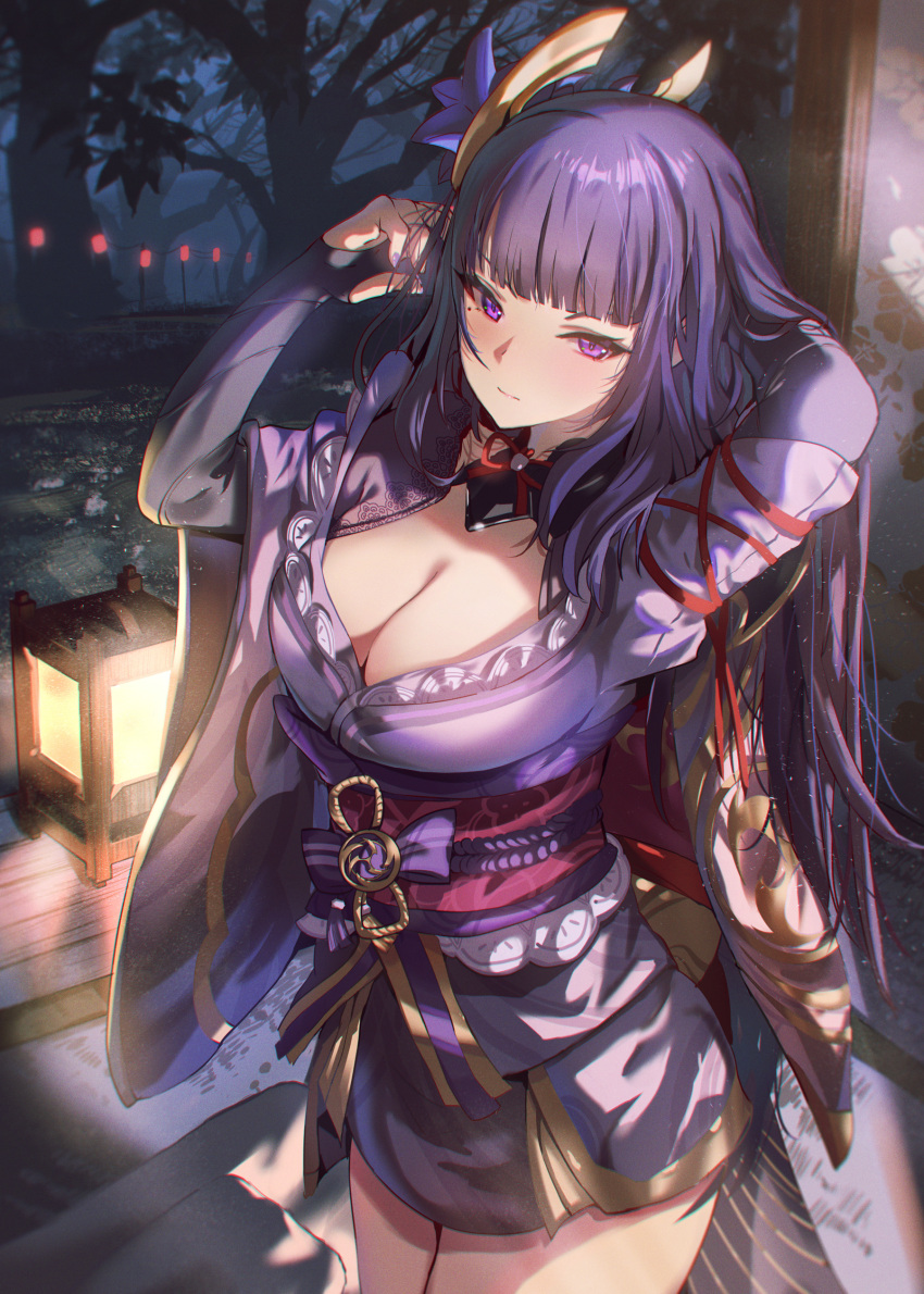 absurdres adjusting_hair arms_behind_head arms_up blunt_bangs breasts bridal_gauntlets cleavage closed_mouth commentary cowboy_shot female genshin_impact hair_ornament highres japanese_clothes kimono lantern large_breasts looking_at_viewer mole mole_under_eye night obi purple_eyes purple_hair purple_kimono purple_nails raiden_shogun sash short_kimono shuru_y tree vision_(genshin_impact) wide_sleeves