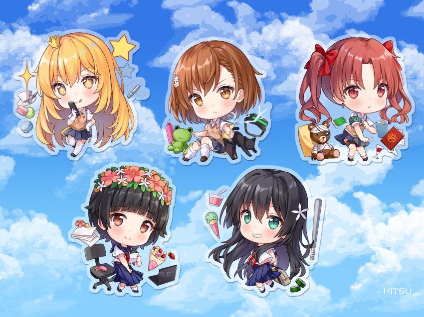 5girls :q animal animal_print armband bad_id bad_twitter_id bag bandages baseball_bat baseball_cap bendy_straw black_cat black_hair black_skirt blonde_hair blue_sailor_collar blue_skirt blue_sky blush bow bright_pupils brown_eyes brown_hair brown_sweater_vest cellphone chair chibi closed_mouth cloud cloudy_sky coin collared_shirt commentary computer controller crepe crown cup day drinking_glass drinking_straw elbow_gloves electricity electrokinesis emblem english_commentary eyepatch feline flip_phone flower food frog frog_panties frog_print fruit gekota gloves green_armband green_eyes hair_between_eyes hair_flower hair_ornament hairbow hat head-mounted_display highres hitsukuya holding holding_bag ice_cream ice_cream_cone kill_bear laptop long_hair loose_socks macaron medium_hair metal_baseball_bat mini_crown misaka_imouto_10032's_cat misaka_mikoto multiple_girls neckerchief office_chair panties parted_bangs phone pillow pink_flower pleated_skirt print_panties railgun_(misaka_mikoto) red_bow red_eyes red_neckerchief remote_control safety_pin sailor_collar sakugawa_school_uniform sample_watermark saten_ruiko saucer school_bag school_emblem school_uniform serafuku shirai_kuroko shirt shokuhou_misaki short_sleeves skirt sky socks spoon star-shaped_pupils star_(symbol) strawberry stuffed_animal stuffed_toy summer_uniform sweater_vest swivel_chair symbol-shaped_pupils teacup teddy_bear thigh_strap thighhighs toaru_kagaku_no_railgun toaru_majutsu_no_index tokiwadai_school_uniform tongue tongue_out twintails uiharu_kazari underwear unworn_panties very_long_hair visor watermark whistle white_flower white_gloves white_legwear white_panties white_shirt wine_glass yellow_pupils