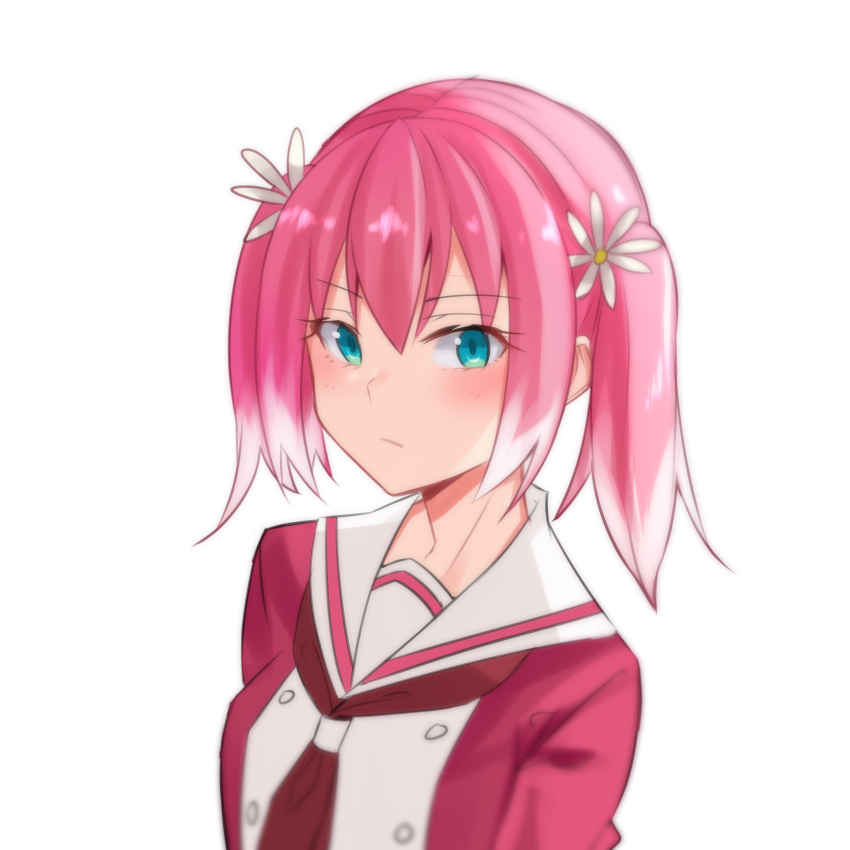 absurdres arairev blue_eyes daisy female flower hair_flower hair_ornament highres hiiragi_nana looking_at_viewer multicolored_hair munou_na_nana pink_hair school_uniform serafuku serious short_hair short_twintails solo transparent_background twintails two-tone_hair upper_body white_hair