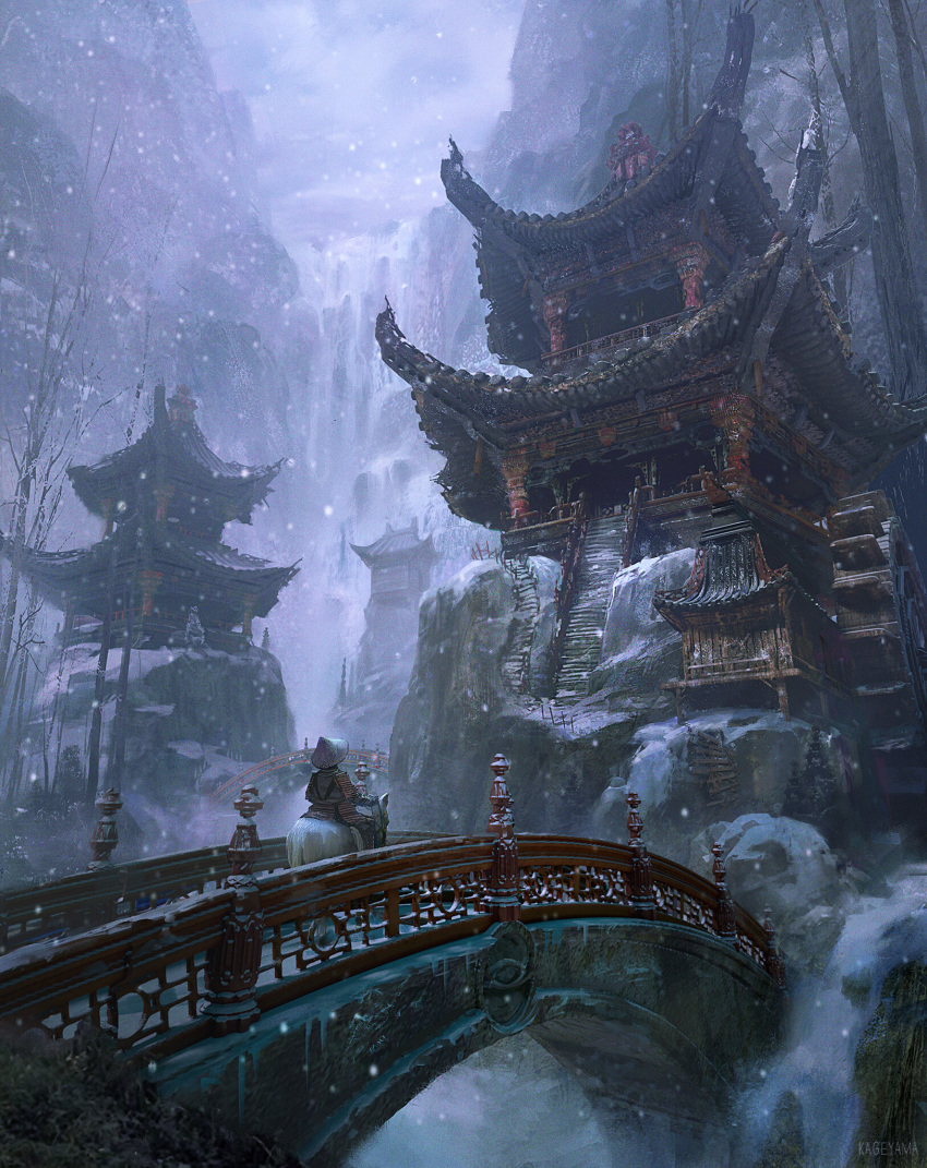 1boy ambiguous_gender architecture armor bare_tree bridge broken broken_bridge commentary_request donkey east_asian_architecture facing_away fantasy fog hat highres marktal mountain original outdoors pagoda rice_hat riding scenery sky snow snowing stairs stone tree water_wheel