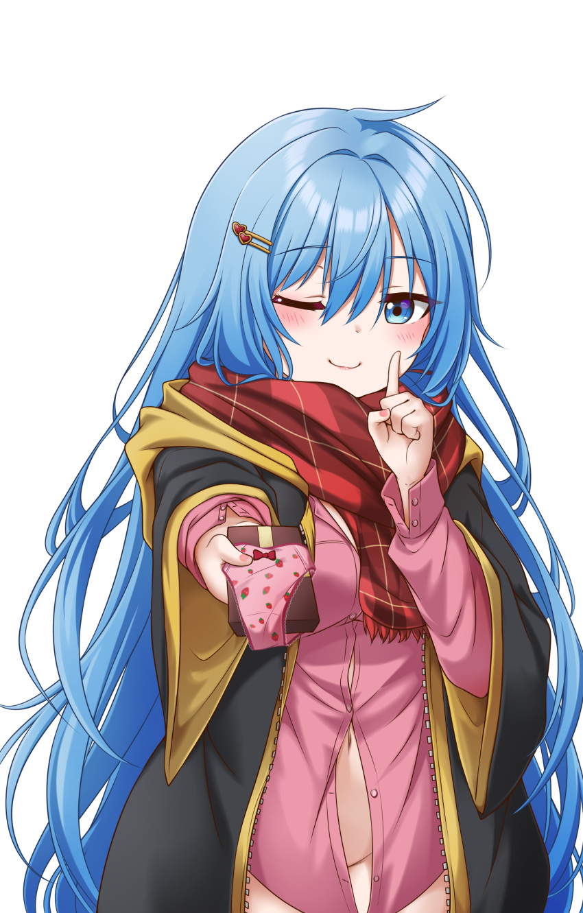 absurdres blue_eyes blue_hair closed_mouth elie_wayne female film_grain finger_to_mouth hair_ornament hairclip highres incoming_gift index_finger_raised jan_azure long_hair looking_at_viewer navel one_eye_closed original pink_nails red_scarf scarf smile solo unbuttoned valentine