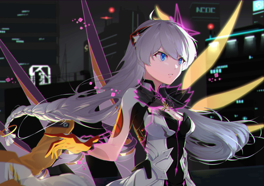 absurdres ahoge blue_eyes bodysuit braid breasts building city_lights cityscape cleavage commentary_request energy_wings female fur_collar gloves hair_ornament highres honkai_(series) honkai_impact_3rd jacket kiana_kaslana kiana_kaslana_(herrscher_of_the_void) kiana_kaslana_(white_comet) linxi long_hair medium_breasts night outdoors polearm skyscraper solo spear transformation twin_braids unworn_jacket very_long_hair weapon white_hair