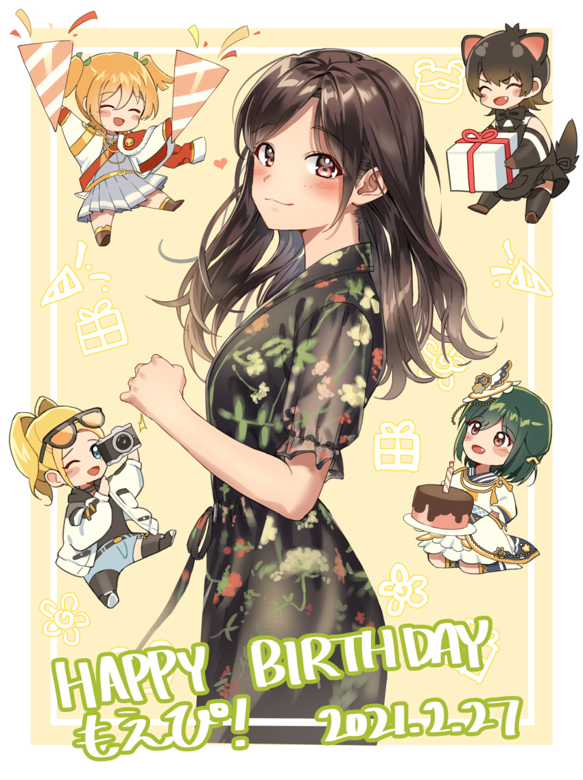 5girls :d aiguillette belt black_dress black_hair black_hoodie blonde_hair blush commentary d4dj daiba_nana dark_green_hair dress epaulettes floral_print frilled_dress frills fur-trimmed_jacket fur_trim furisode green_ribbons hair_ribbon happy_birthday hat highres hood hoodie jacket japanese_clothes kemono_friends ketsui_no_hikari kimono koizumi_moeka light_smile love_live! love_live!_nijigasaki_high_school_idol_club love_live!_school_idol_festival_all_stars mifune_shioriko mini_hat multiple_girls namgic oerba_yun_fang open_mouth orange_eyes real_life red_eyes ribbon sasago_jennifer_yuka short_hair short_twintails shoujo_kageki_revue_starlight smile swept_bangs tasmanian_devil_(kemono_friends) twintails voice_actor voice_actor_connection white_dress white_headwear yellow_belt