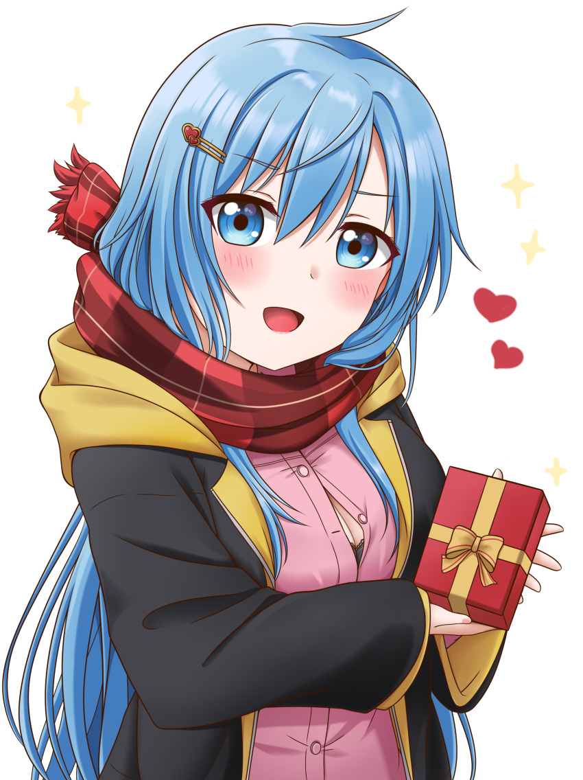 absurdres blue_eyes blue_hair blush breasts button_gap cleavage commentary elie_wayne english_commentary enpera female hair_ornament hairclip heart highres jan_azure large_breasts long_hair long_sleeves looking_at_viewer open_mouth original red_scarf scarf smile upper_body valentine