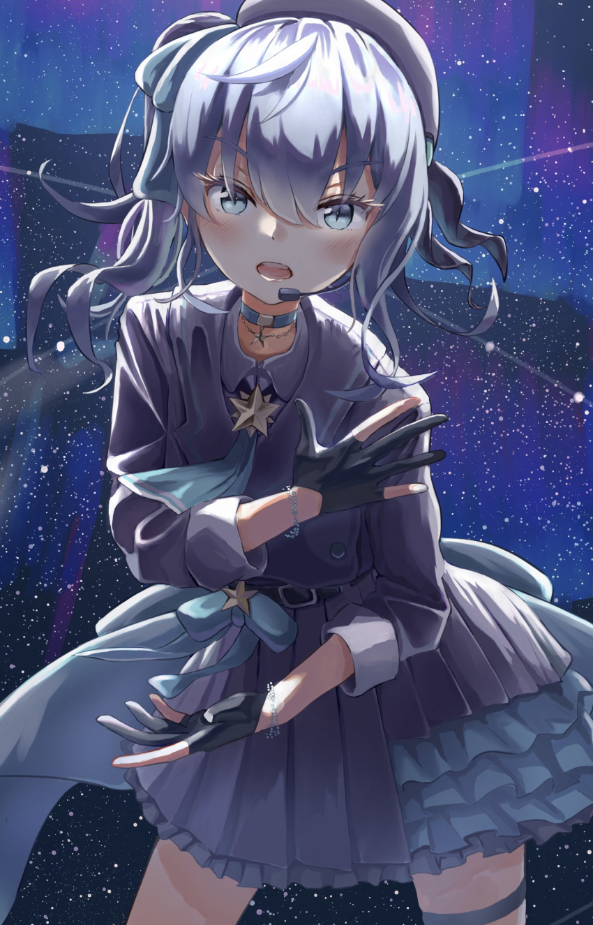 arms_up asakura_(asa_t77) ascot belt beret black_gloves blue_choker blue_eyes blue_hair bracelet chain_necklace chains choker commentary_request contrapposto cowboy_shot female frilled_skirt frills gloves grey_hat grey_shirt grey_skirt grey_vest hair_between_eyes hat headset highres hololive hoshimachi_suisei hoshimachi_suisei_(1st_costume) jewelry layered_skirt leaning_forward long_sleeves looking_at_viewer necklace one_side_up open_mouth partially_fingerless_gloves pendant pleated_skirt shirt short_hair skirt slit_pupils solo standing star_(symbol) starry_background thigh_strap vest virtual_youtuber