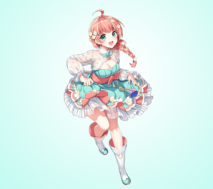 ahoge blue_background blue_eyes blush boots bow braid breasts choy cleavage commentary_request dress female flower flower_braid full_body gradient_background hair_flower hair_ornament highres indie_virtual_youtuber knee_boots korean_commentary layered_dress leg_up long_hair long_sleeves medium_breasts nardack official_art open_mouth pink_hair see-through shiny_clothes shiny_skin short_dress simple_background single_braid skirt_hold smile solo tied_hair virtual_youtuber white_hair