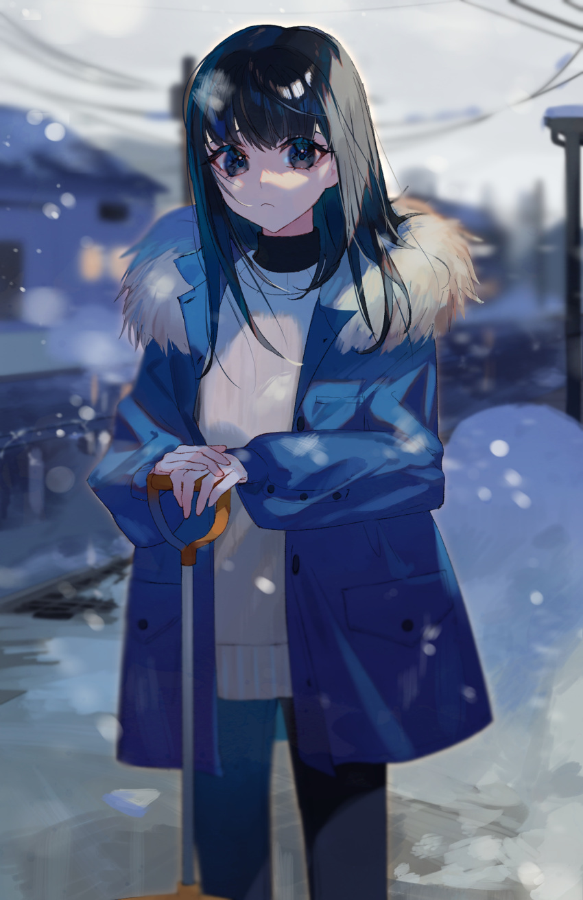 bad_id bad_pixiv_id black_eyes black_hair blue_coat blue_pants blurry blurry_background closed_mouth coat commentary_request day depth_of_field female frown fur-trimmed_coat fur_trim highres house leaning_on_object long_sleeves looking_at_viewer medium_hair mizumi_zumi open_clothes open_coat original outdoors own_hands_together pants pocket puffy_long_sleeves puffy_sleeves shovel snow snow_shovel solo standing sweater tsurime turtleneck utility_pole white_sweater winter winter_clothes winter_coat