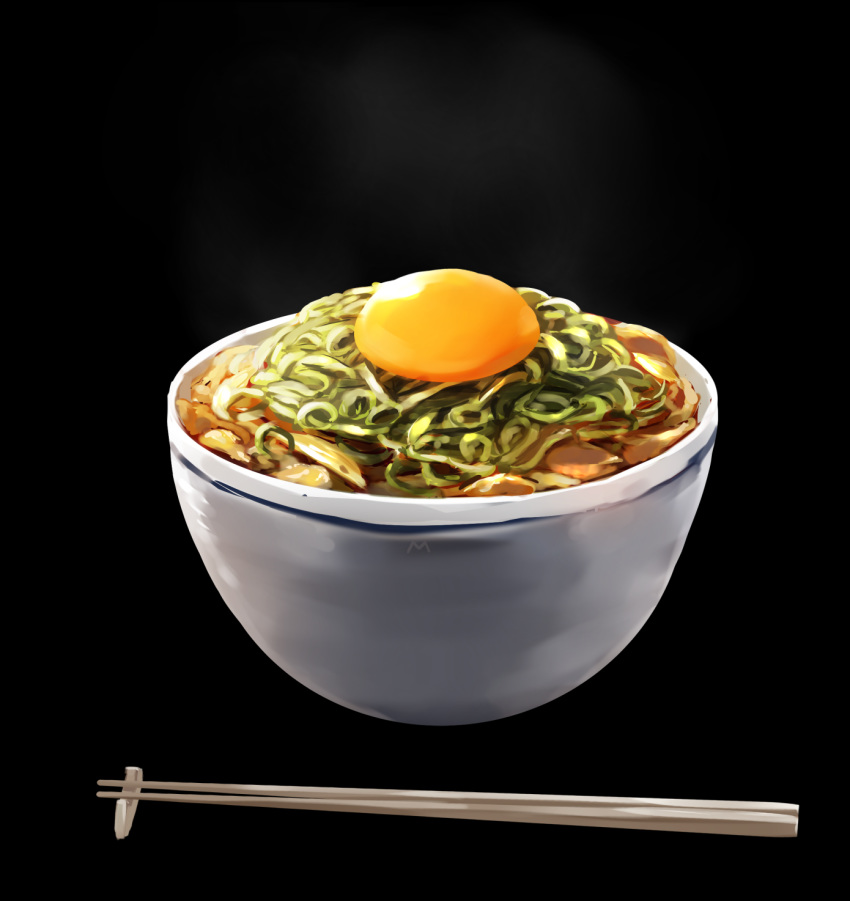 black_background bowl chopstick_rest chopsticks commentary_request egg_yolk food food_focus highres nagishiro_mito no_humans original simple_background steam