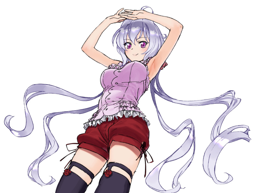 ahoge breasts female from_below highres ikezawa_shin large_breasts light_purple_hair long_hair looking_at_viewer low_twintails purple_eyes senki_zesshou_symphogear shorts smile solo thighhighs twintails yukine_chris