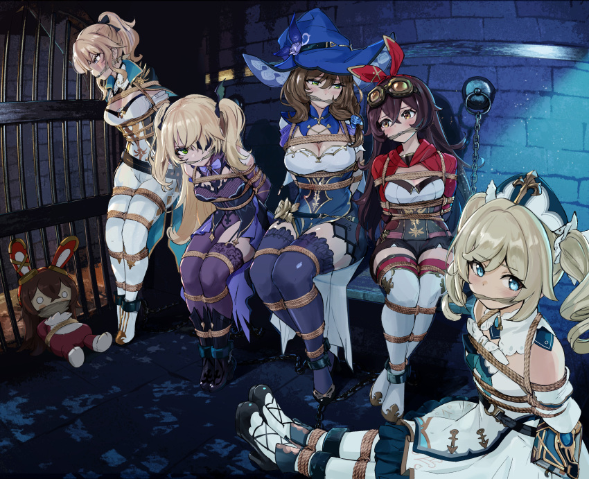 6+girls absurdres amber_(genshin_impact) animal_ears barbara_(genshin_impact) baron_bunny_(genshin_impact) bench blonde_hair blue_eyes blush bondage bondage boots bound breasts commission dress eyepatch fischl_(genshin_impact) full_body gag gagged genshin_impact green_eyes hair_ribbon hat high_heel_boots high_heels highres improvised_gag jean_(genshin_impact) lisa_(genshin_impact) looking_at_viewer multiple_girls pants pantyhose ponytail prison rabbit_ears restrained ribbon second-party_source sharpffffff sitting tape tape_gag thigh_boots thighhighs twintails white_legwear white_pants witch_hat yellow_eyes