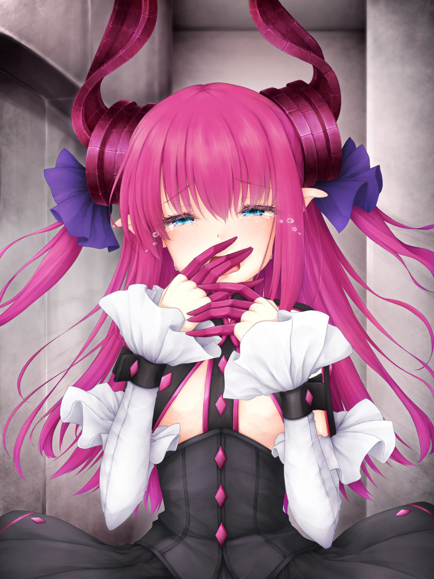 asymmetrical_horns blue_eyes commentary_request corset crying crying_with_eyes_open curled_horns dragon_girl dragon_horns elizabeth_bathory_(fate) elizabeth_bathory_(fate/extra_ccc) elizabeth_bathory_(first_ascension)_(fate) fate/extra fate/extra_ccc fate/grand_order fate_(series) female flat_chest highres horns indoors long_hair photoshop_(medium) pink_hair pink_nails pointy_ears sasasa_(nashi) solo tears uneven_horns upper_body