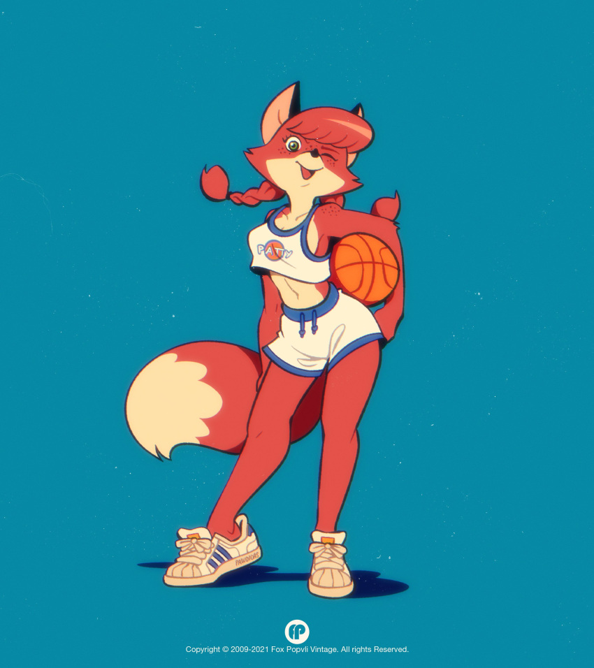 2021 absurd_res adidas anthro ball basketball_(ball) basketball_uniform biped black_ears black_nose blue_background blue_bottomwear blue_clothing blue_crop_top blue_shirt blue_shorts blue_topwear bottomwear brand_parody breasts canid canine cheek_tuft clothed clothing conditional_dnp countershade_face countershading crop_top digital_media_(artwork) dipstick_tail drawstring drawstring_bottomwear english_text facial_tuft female footwear fox fox-pop freckles fully_clothed fur green_eyes hair hand_on_hip hi_res holding_basketball lola_bunny looking_at_viewer looney_tunes loose_footwear mammal markings midriff multicolored_body multicolored_clothing multicolored_crop_top multicolored_fur multicolored_shirt multicolored_topwear one_eye_closed open_mouth open_smile orange_body orange_fur orange_hair orange_tail patricia_mac_sionnach pink_inner_ear plantigrade pose red_fox shadow shirt shoes shorts simple_background smile smiling_at_viewer solo space_jam sportswear standing tail tail_markings tan_body tan_countershading tan_fur tan_tail text topwear true_fox tuft tune_squad_outfit tune_squad_outfit_(1996) twintails two_tone_tail uniform warner_brothers watermark white_bottomwear white_clothing white_crop_top white_footwear white_shoes white_shorts white_topwear wink winking_at_viewer