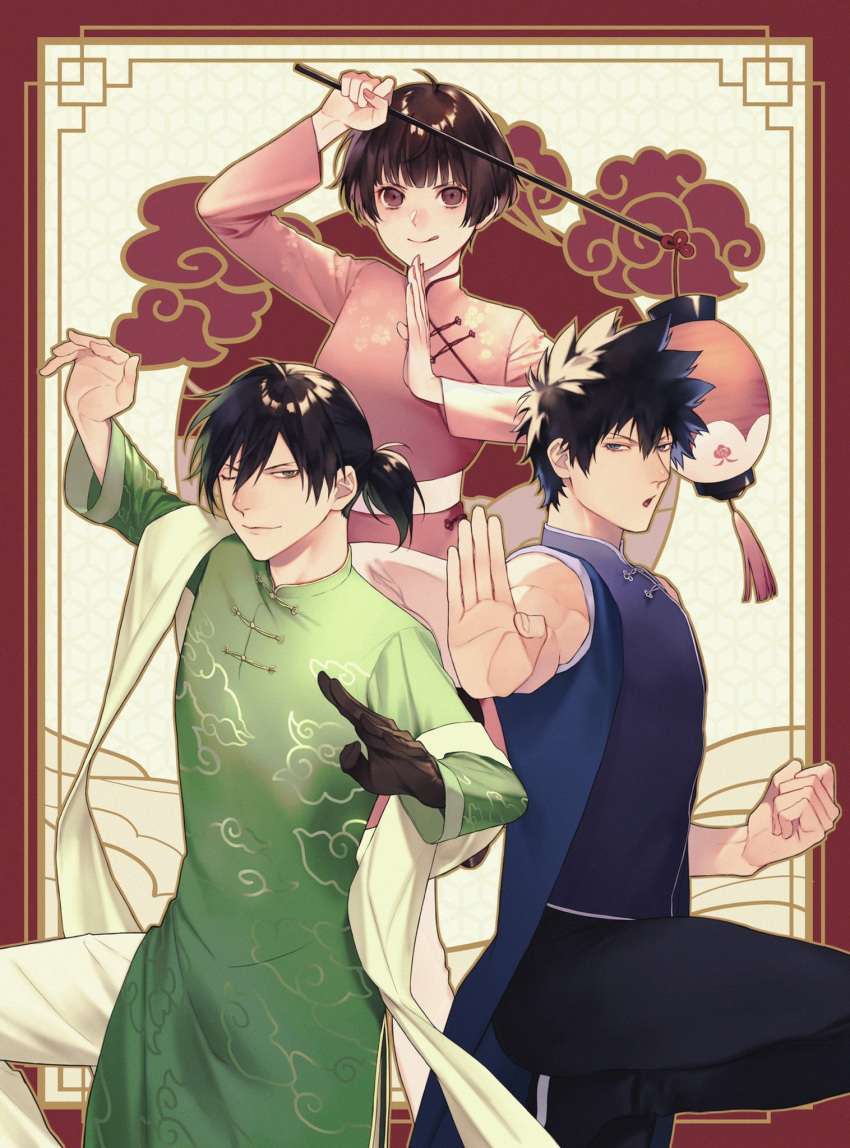 2boys :q arms_up black_eyes black_gloves black_hair blunt_bangs border brown_hair changpao chinese_clothes closed_mouth cowboy_shot female fighting_stance ginoza_nobuchika gloves hair_between_eyes hand_up highres holding kougami_shin'ya lantern leg_up long_sleeves looking_at_viewer multiple_boys one_eye_closed paper_lantern ponytail psycho-pass red_border short_hair single_glove sleeveless smile tongue tongue_out tsunemori_akane yokuni_(yokunill001121)