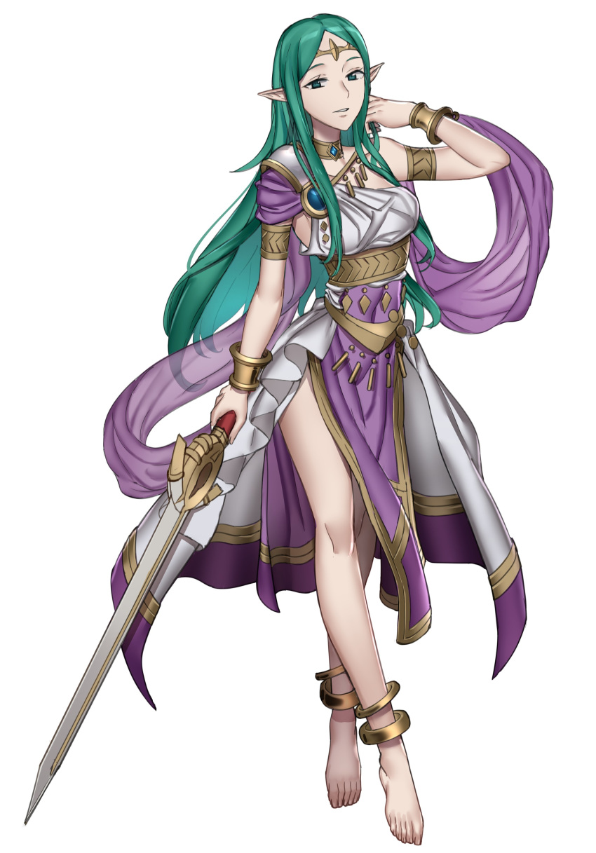 absurdres anklet barefoot bracelet circlet commentary dancer dancer_(fire_emblem:_three_houses) dress ebinku english_commentary falchion_(fire_emblem) female fire_emblem fire_emblem:_three_houses fire_emblem_awakening full_body green_eyes green_hair highres holding holding_sword holding_weapon jewelry long_hair naga_(fire_emblem) parted_lips pointy_ears solo sword weapon