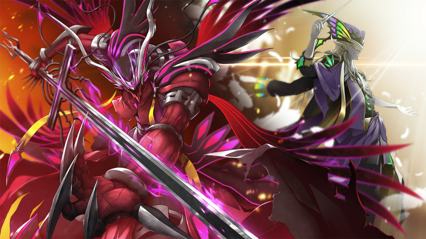 2boys antonio_salieri_(fate) antonio_salieri_(third_ascension)_(fate) claws conductor_baton embers fate/grand_order fate_(series) feathers glowing glowing_sword glowing_weapon hat light long_hair male_focus mask multiple_boys smile weapon wolfgang_amadeus_mozart_(fate) zb_(dawn-blue)