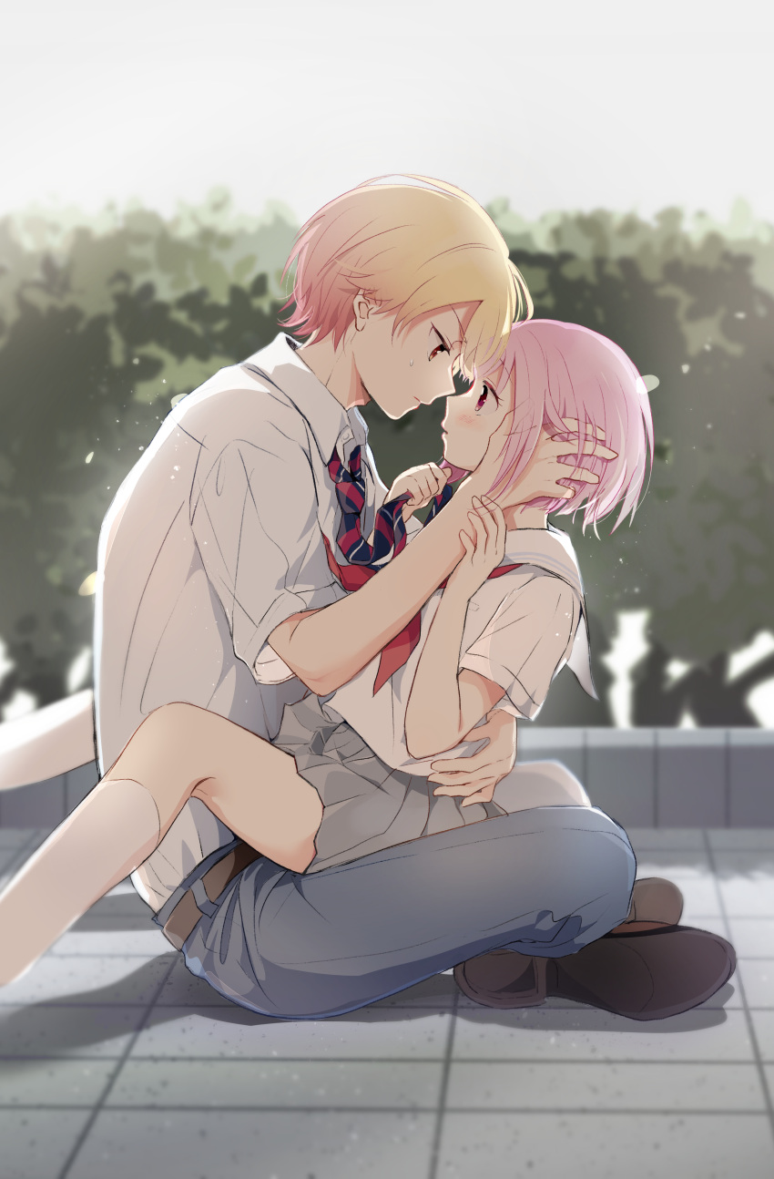 1boy absurdres blonde_hair blue_pants blurry blurry_background bob_cut bush couple face-to-face female grey_shirt hands_on_another's_head highres imminent_kiss kamiyama_high_school_uniform_(project_sekai) kneehighs miyamasuzaka_girls'_academy_school_uniform momomo_(m0_3) neckerchief necktie ootori_emu open_mouth outdoors pants pink_eyes pink_hair project_sekai red_neckerchief sailor_collar school_uniform serafuku shirt shirt_tucked_in short_hair short_sleeves sitting socks straight tenma_tsukasa white_sailor_collar white_shirt white_socks