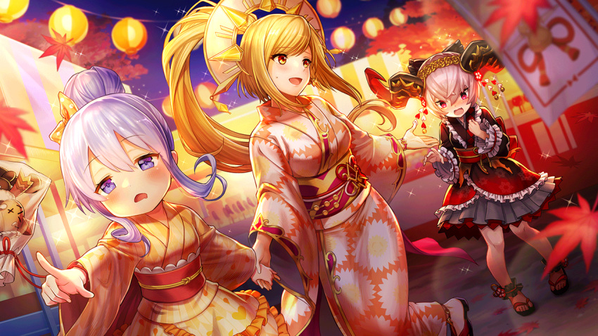 3girls alternate_costume alternate_hairstyle blonde_hair filsy holding_hands horns japanese_clothes knees lantern leaf long_hair mani_(valkyrie_connect) mogthrasir multiple_girls official_art open_mouth pointing ponytail purple_eyes sandals sol_(valkyrie_connect) sparkle valkyrie_connect