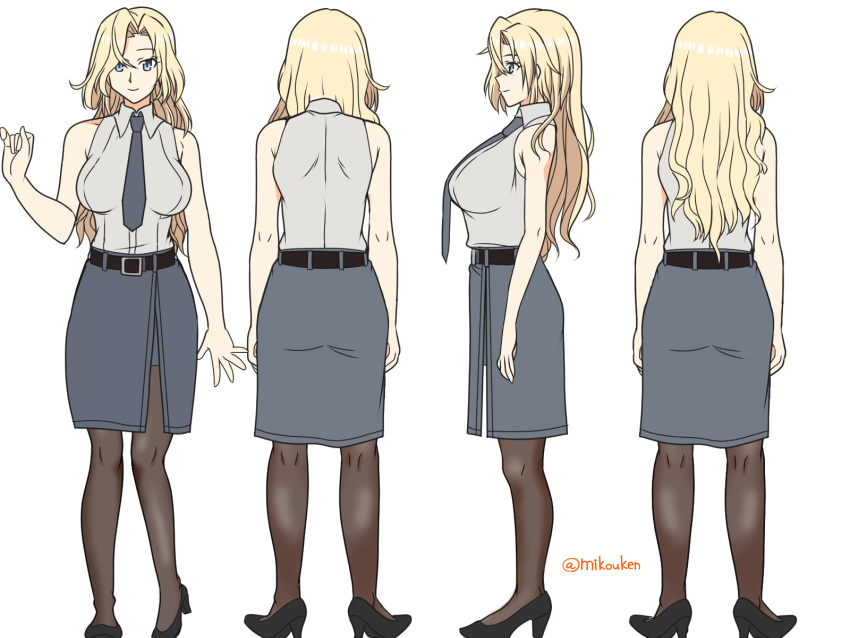 bare_shoulders belt black_belt black_footwear black_necktie black_pantyhose black_skirt blonde_hair blue_eyes breasts dress_shirt female from_behind from_side full_body high_heels highres hornet_(kancolle) jacket kantai_collection kutsugen_kanna_(mikouken) large_breasts long_hair looking_at_viewer multiple_views necktie pantyhose pencil_skirt shirt simple_background skirt sleeveless sleeveless_shirt smile twitter_username white_background white_shirt