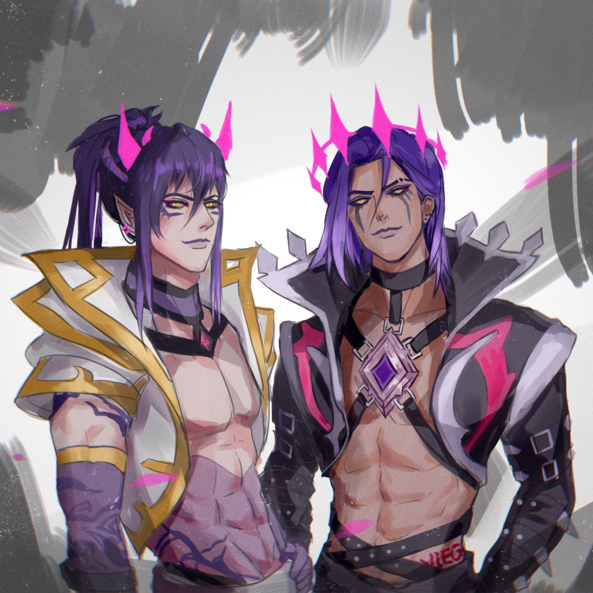 2boys abs alternate_costume aredlac blue_hair collarbone cowboy_shot cropped_jacket earrings facial_mark gem grey_background grey_jacket highres horns jacket jewelry league_of_legends long_hair long_sleeves male_focus multiple_boys open_clothes open_jacket pink_hair pointy_ears ponytail short_sleeves smile spirit_blossom_thresh tattoo thresh_(league_of_legends) viego_(league_of_legends) white_background yellow_eyes