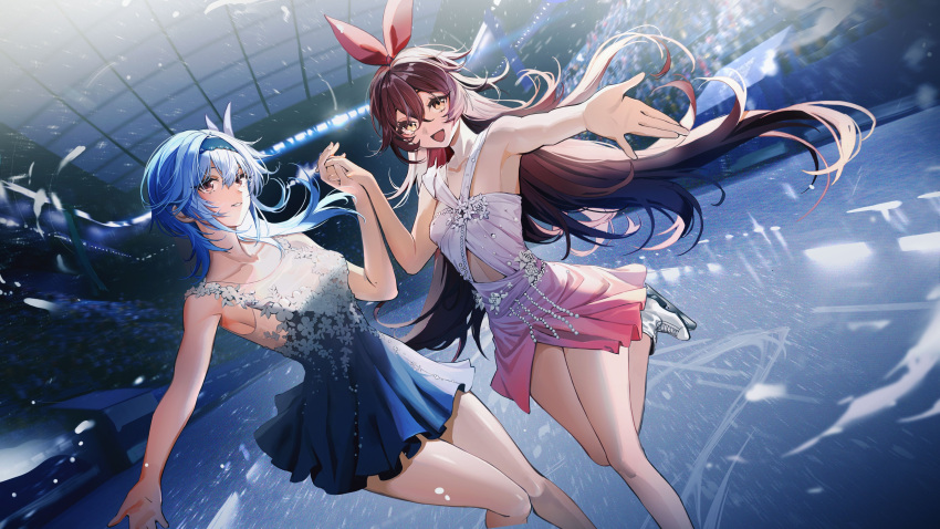 2girls :d absurdres alternate_costume amber_(genshin_impact) black_dress blue_hair brown_eyes brown_hair collarbone crowd dress eula_(genshin_impact) figure_skating figure_skating_dress flower genshin_impact glass_ceiling hair_between_eyes hair_flower hair_ornament hairband highres holding_hands ice_skates ice_skating indoors long_hair looking_at_viewer multiple_girls outstretched_arm parted_lips pink_dress purple_eyes red_ribbon reflective_floor ribbon sa'yuki skates skating skating_rink smile stadium standing standing_on_one_leg