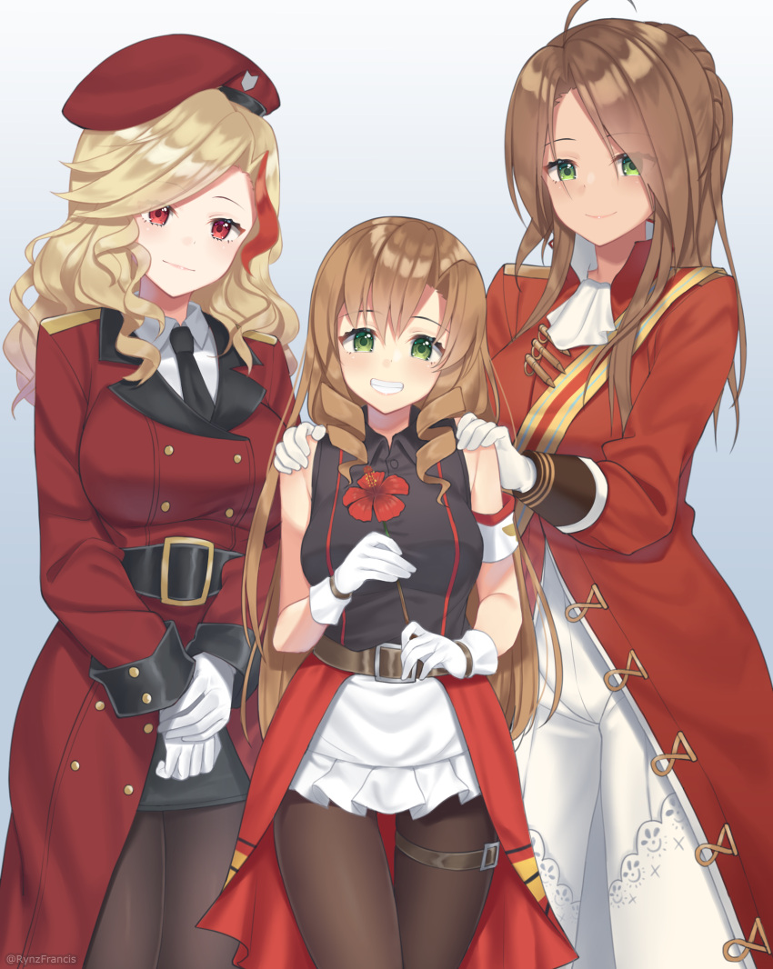 3girls absurdres beret blonde_hair brown_hair commission drill_hair female_commander_(girls'_frontline) fn-49_(girls'_frontline) girls'_frontline green_eyes griffin_&_kryuger_military_uniform hat highres lee-enfield_(girls'_frontline) long_hair military military_hat military_uniform multicolored_hair multiple_girls necktie pantyhose red_eyes red_hair rynzfrancis smile streaked_hair twin_drills two-tone_hair uniform yuri