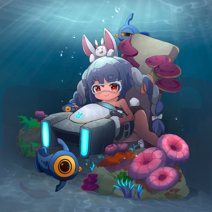 absurdres air_bubble ame. animal_ear_fluff animal_ears bare_shoulders barefoot black_one-piece_swimsuit blue_hair blush bow braid bubble carrot_hair_ornament closed_mouth commentary_request don-chan_(usada_pekora) female food-themed_hair_ornament goggles hair_between_eyes hair_ornament hairbow highres holding hololive long_hair looking_at_viewer multicolored_hair one-piece_swimsuit peeper_(subnautica) pekomon_(usada_pekora) rabbit_ears rabbit_girl rabbit_tail red_eyes seaglide_(subnautica) shoes short_eyebrows simple_background smile solo subnautica swimsuit tail thick_eyebrows twin_braids twintails two-tone_hair underwater usada_pekora very_long_hair virtual_youtuber white_background white_footwear white_hair x_x