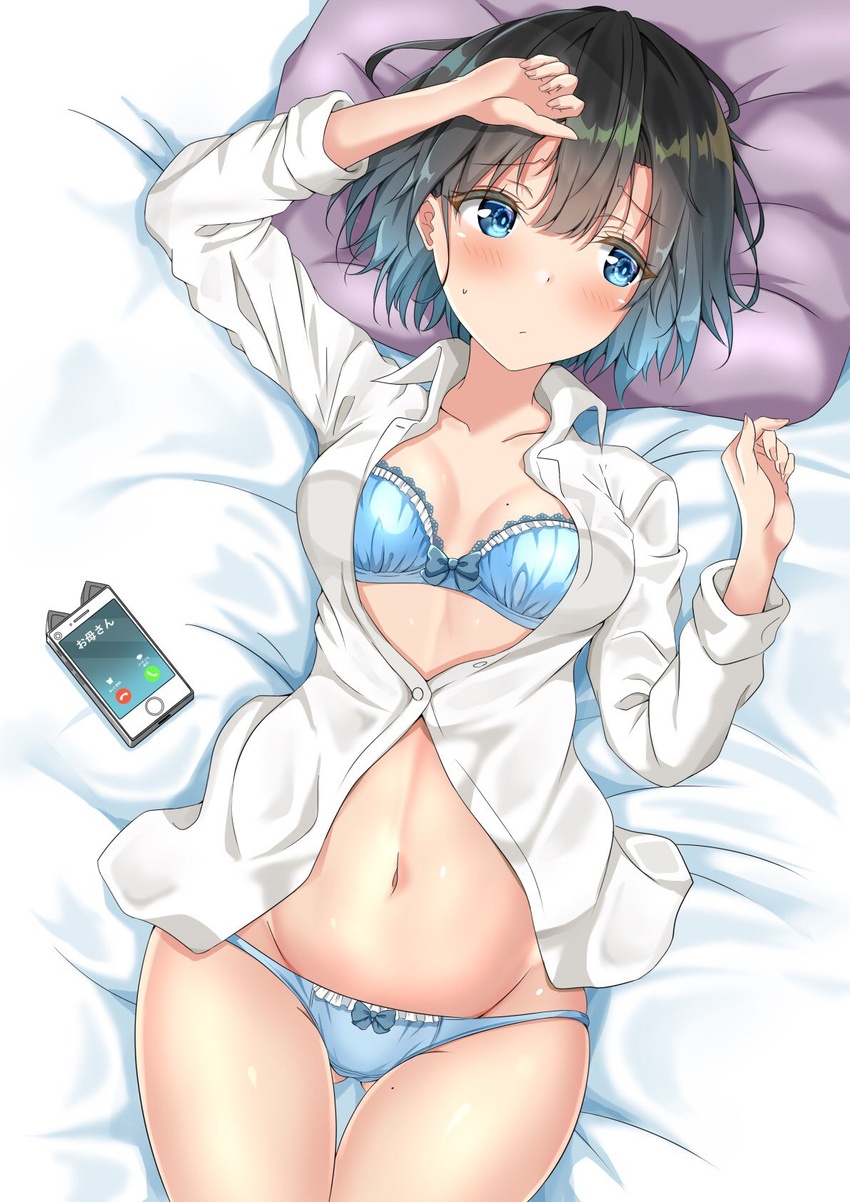 arm_up ass_visible_through_thighs bed_sheet black_hair blue_bra blue_eyes blue_hair blue_panties blush bow bow_bra bow_panties bra breasts cellphone closed_mouth collared_shirt commentary female frilled_panties frills gradient_hair highres lying mole mole_on_breast mole_on_thigh multicolored_hair navel on_back open_clothes open_shirt original panties phone pillow shirt short_hair small_breasts smartphone smartphone_case solo sunsun2812 unbuttoned unbuttoned_shirt underwear white_shirt