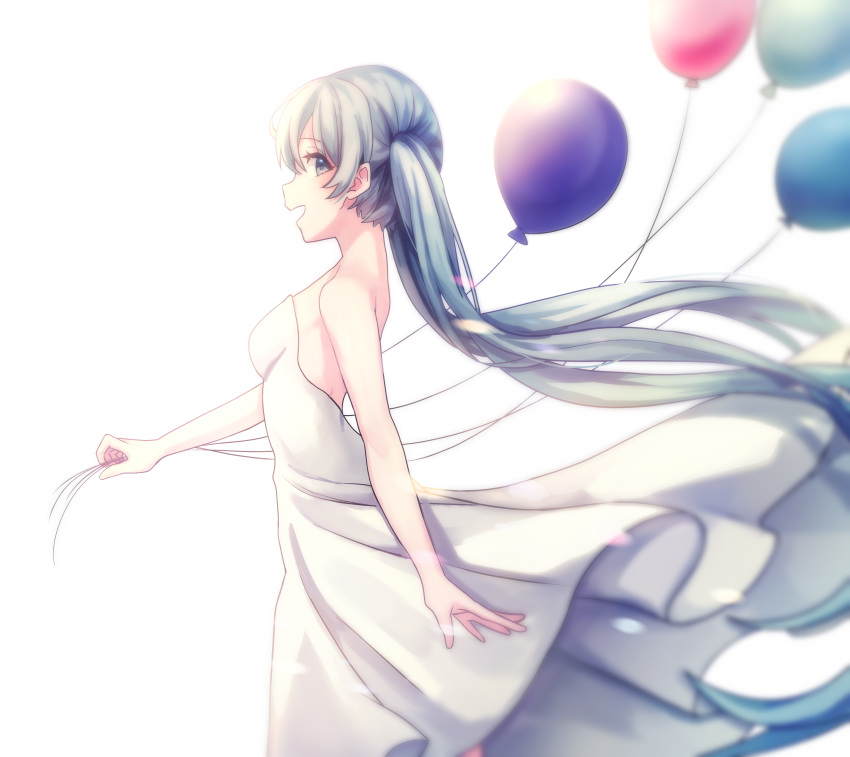 :d absurdres backless_dress backless_outfit balloon bare_arms blue_eyes commentary dress female floating_hair from_side grey_hair hatsune_miku highres holding holding_balloon ille_(xcpa7325) long_hair open_mouth profile simple_background smile solo standing strapless strapless_dress symbol-only_commentary twintails very_long_hair vocaloid white_background white_dress