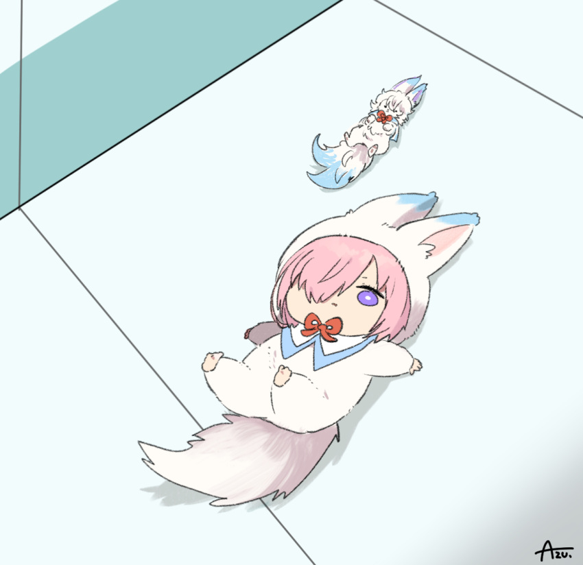 :| artist_name azu_(kirara310) bright_pupils chibi closed_mouth commentary fate/grand_order fate_(series) female floor fluffy fou_(fate) from_above fur_(clothing) hair_over_one_eye looking_up lying mash_kyrielight on_back pink_hair purple_eyes red_ribbon ribbon short_hair signature solo swept_bangs white_pupils