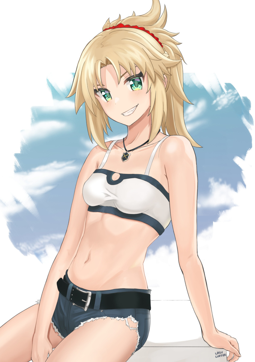 absurdres arm_support bare_arms bare_shoulders belt black_belt blonde_hair blush braid breasts collarbone commentary crop_top denim denim_shorts fate/apocrypha fate_(series) female green_eyes grin hair_ornament hair_scrunchie highres jewelry lazycoffee_(wyen_iscordo) long_hair looking_at_viewer mordred_(fate) mordred_(fate/apocrypha) mordred_(memories_at_trifas)_(fate) navel necklace oerba_yun_fang parted_bangs ponytail red_scrunchie scrunchie short_shorts shorts sitting small_breasts smile solo stomach thighs