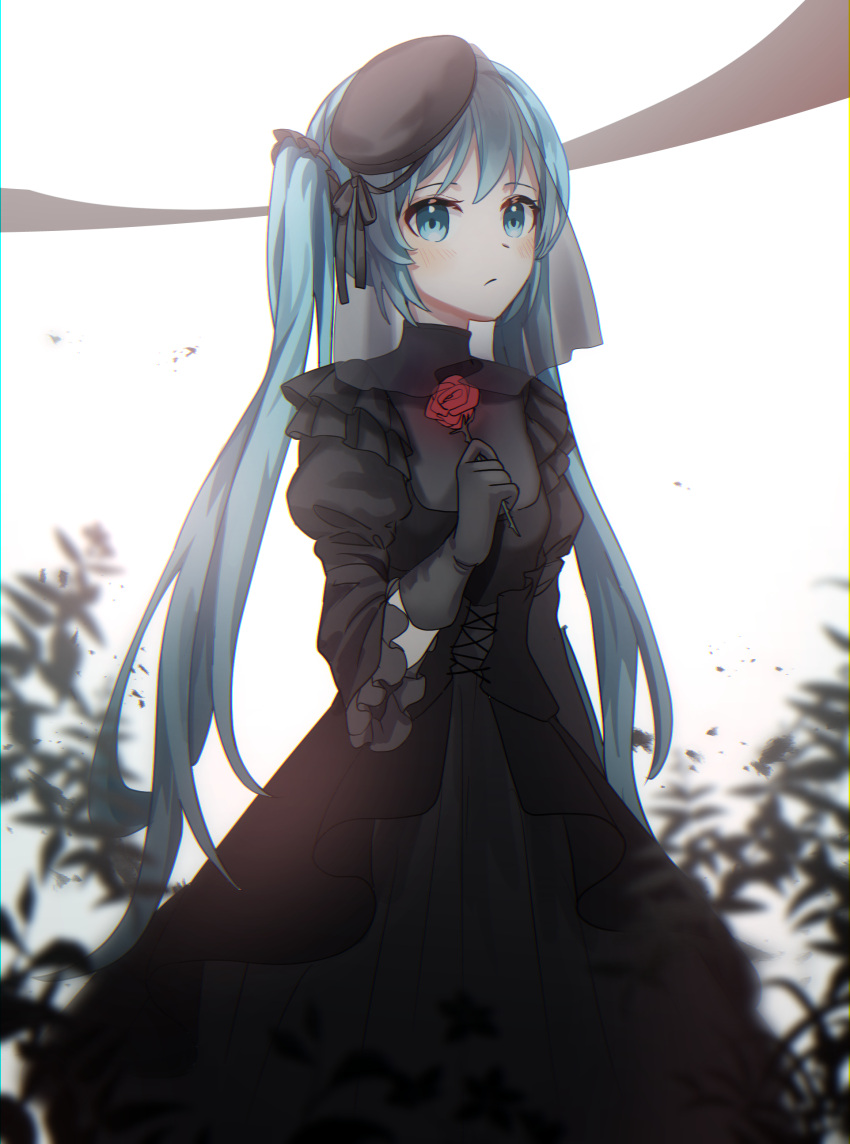 absurdres beret black_dress black_gloves black_hat black_ribbon blue_eyes blue_hair blush closed_mouth commentary dress female flower gloves hair_ribbon hat hatsune_miku highres holding holding_flower ille_(xcpa7325) long_hair long_sleeves red_flower red_rose ribbon rose solo standing twintails very_long_hair vocaloid