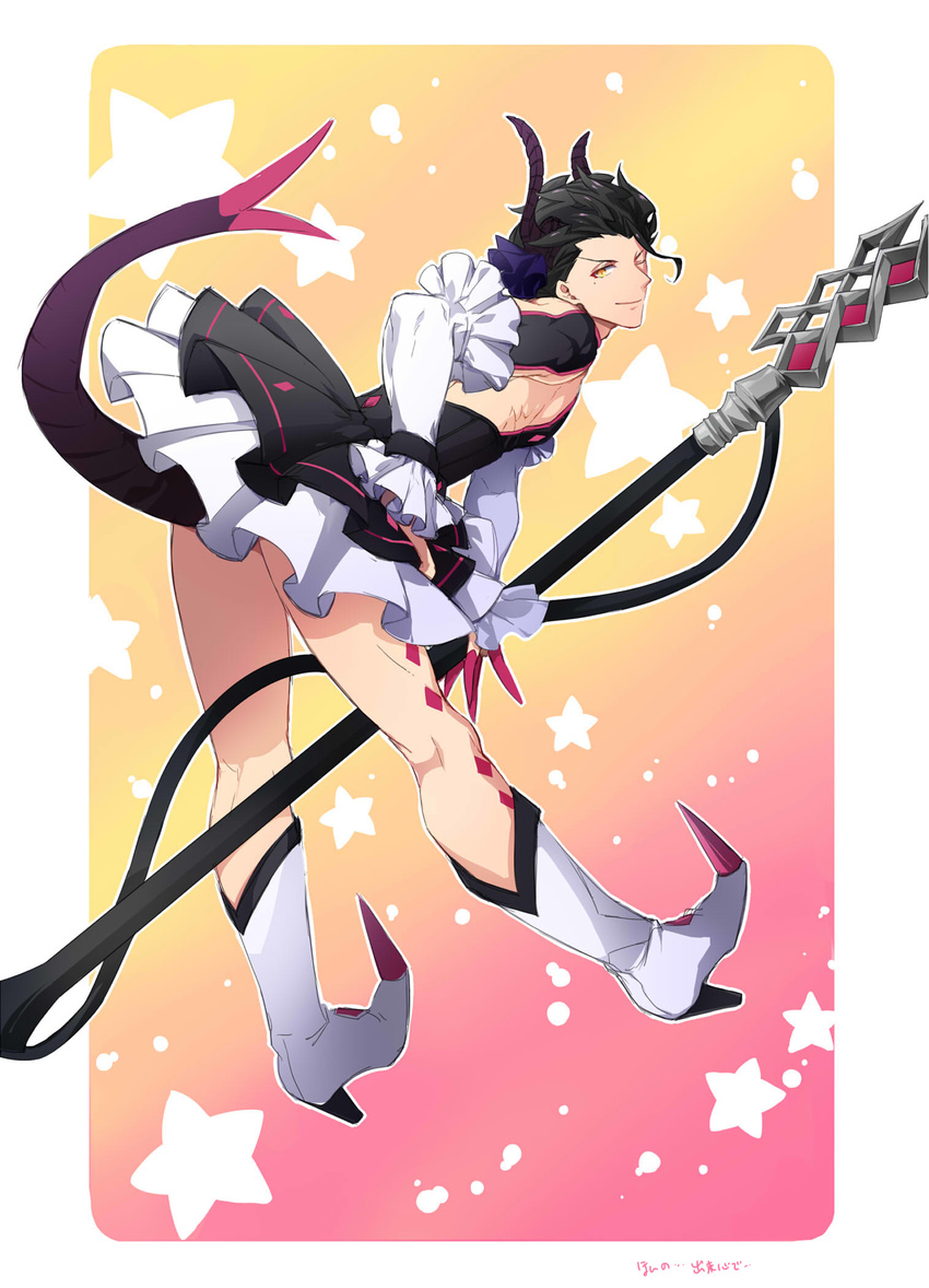 1boy bad_id bad_pixiv_id black_hair claws cosplay crossdressing detached_sleeves diarmuid_ua_duibhne_(lancer)_(fate) dress elizabeth_bathory_(fate) elizabeth_bathory_(fate/extra_ccc) elizabeth_bathory_(fate/extra_ccc)_(cosplay) elizabeth_bathory_(first_ascension)_(fate) elizabeth_bathory_(first_ascension)_(fate)_(cosplay) fate/extra fate/extra_ccc fate/zero fate_(series) highres horns male_focus pointy_ears pointy_footwear sarkany_csont_landzsa shoes solo tail two_side_up ycco_(estrella)