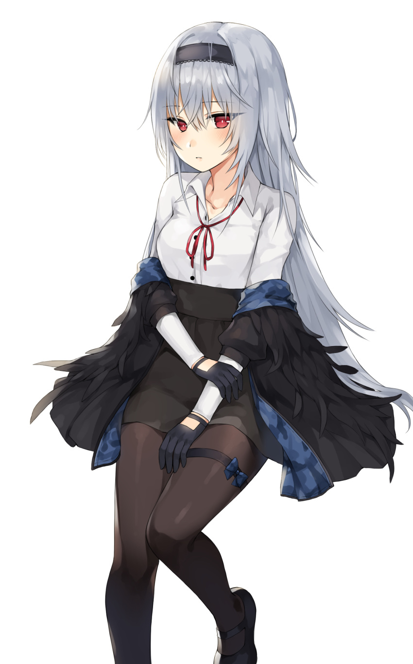 absurdres bad_id bad_pixiv_id black_footwear black_gloves black_hairband black_skirt blush breasts brown_pantyhose canape_(canape0130) collarbone collared_shirt commentary dress_shirt english_commentary female girls'_frontline gloves hair_between_eyes hairband high-waist_skirt highres long_hair long_sleeves looking_at_viewer mary_janes neck_ribbon off_shoulder pantyhose parted_lips red_eyes red_ribbon ribbon shirt shoes simple_background skirt small_breasts solo thunder_(girls'_frontline) very_long_hair white_background white_hair white_shirt