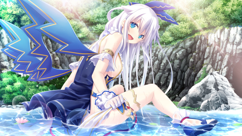 :d amayui_castle_meister armlet blue_eyes blue_footwear blue_ribbon blue_wings breasts day dia_(amayui_castle_meister) female floating_hair gloves hair_between_eyes hair_ribbon headband highres large_breasts lens_flare long_hair looking_at_viewer open_mouth outdoors ribbon sideboob sitting smile solo very_long_hair water white_gloves white_hair wings yano_mitsuki_(nanairo)