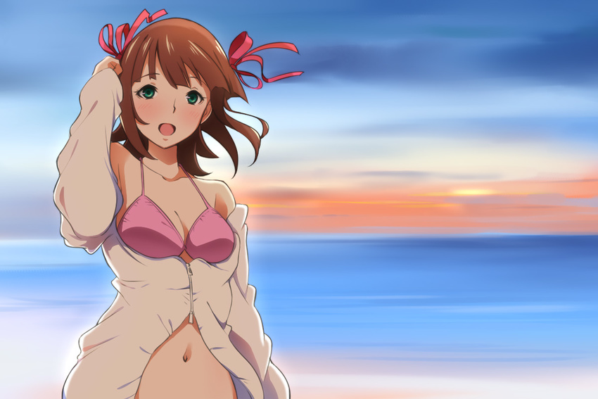 amami_haruka bad_id bad_pixiv_id beach bikini breasts brown_hair cleavage day female green_eyes hair_ribbon idolmaster idolmaster_(classic) ivolay jacket medium_breasts midriff navel ocean outdoors pink_bikini ribbon short_hair solo sunset swimsuit tucking_hair water