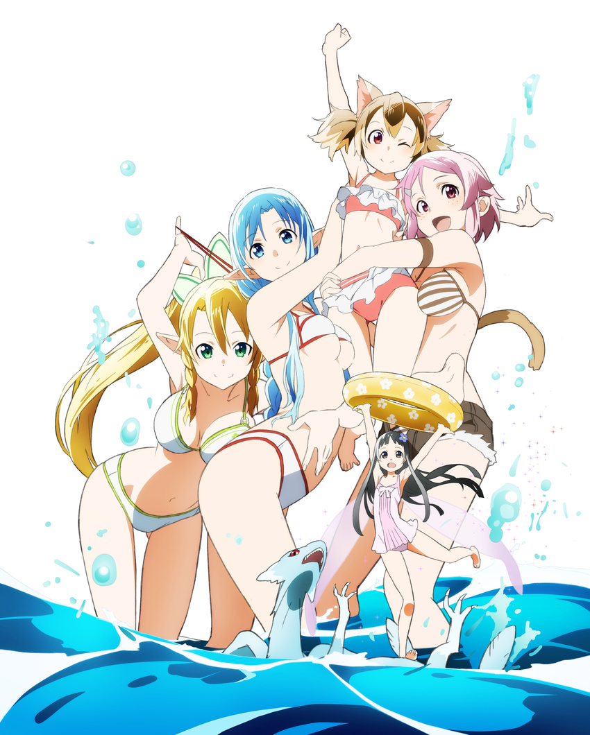 5girls :d ;) absurdres animal_ears arm_up asuna_(sao) asuna_(sao-alo) bikini bikini_skirt black_hair black_shorts blonde_hair blue_eyes blue_flower blue_hair breast_press breasts brown_hair casual_one-piece_swimsuit cat_ears cat_girl cat_tail cleavage elf fairy fairy_wings feathered_dragon flat_chest floating_hair flower green_eyes hair_flower hair_ornament hairclip high_ponytail highres holding holding_swim_ring innertube large_breasts leafa lisbeth_(sao) lisbeth_(sao-alo) long_hair looking_at_viewer medium_breasts mini_dragon mini_person minigirl multiple_girls navel one-piece_swimsuit one_eye_closed open_mouth outstretched_arm pina_(sao) pink_bikini pink_hair pointy_ears red_eyes short_hair short_shorts shorts sideboob silica silica_(sao-alo) simple_background skirt smile standing striped_bikini striped_clothes swim_ring swimsuit sword_art_online tail transparent_wings twintails underwear very_long_hair wading white_background white_bikini white_skirt wings yui_(sao) yui_(sao-alo)