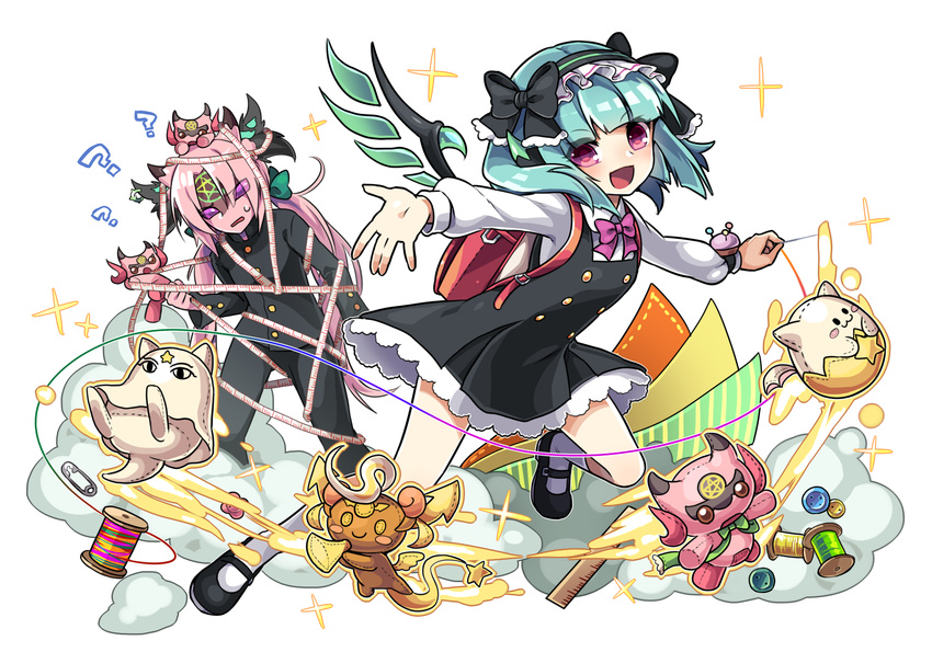 1boy ? astaroth_(p&d) backpack bag bow buttons cauchemar_(p&d) character_doll commentary_request demon demon_girl dress dust fabric female green_hair hairband highres holding holding_needle horns kozakura_(dictionary) long_hair looking_at_viewer mary_janes medjedra needle open_mouth pentagram pink_hair purple_eyes puzzle_&_dragons ruler safety_pin sewing_needle shoes short_hair shynpy spool sweatdrop tamadra tape_measure thread twintails wings