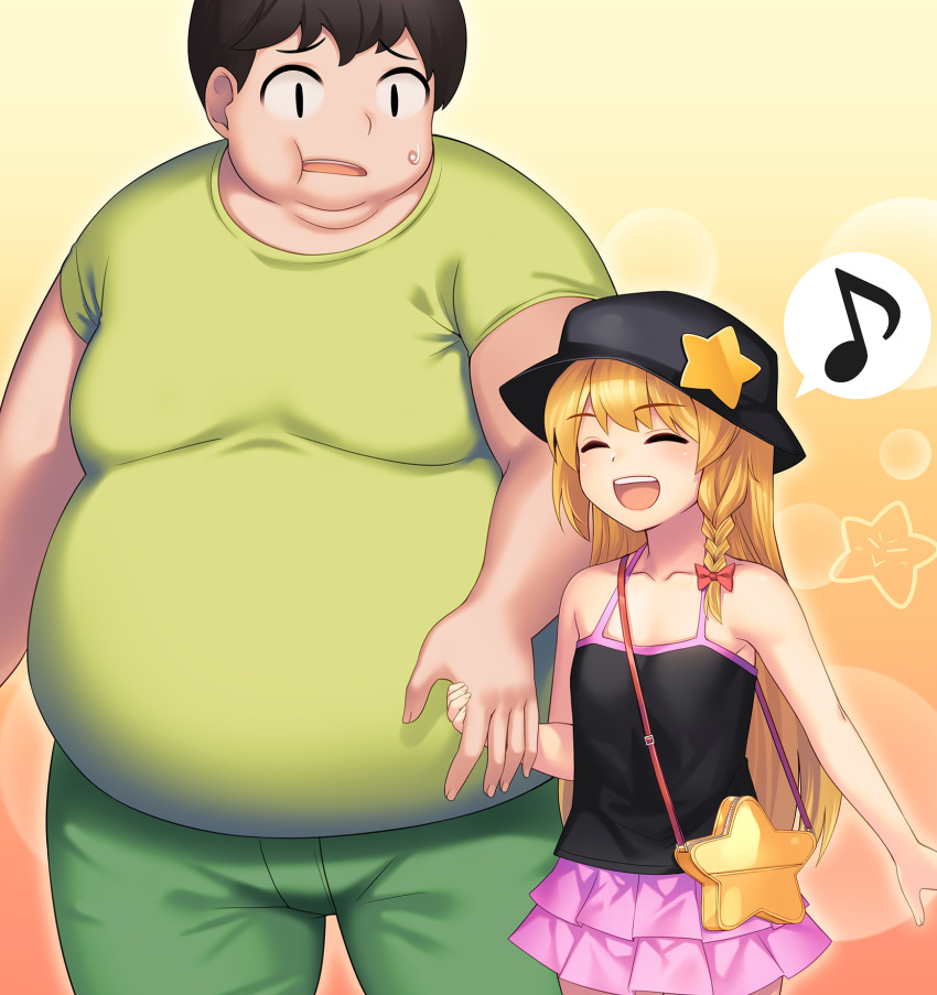 1boy bag black_hat blonde_hair blush bow braid closed_eyes collarbone commentary_request cookie_(touhou) facing_another fat fat_man female flat_chest hairbow hand_grab handbag hat height_difference highres kirisame_marisa long_hair looking_at_viewer musical_note open_mouth photoshop_(medium) pink_skirt red_bow short_hair skirt smile spoken_musical_note star_(symbol) straight suzu_(cookie) suzuki_(cookie) tarmo touhou