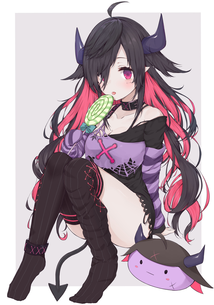 absurdres ahoge arm_support bare_shoulders black_dress black_hair black_thighhighs breasts candy cleavage collarbone commentary_request demon_horns demon_tail dress female food grey_background hair_over_one_eye highres holding holding_candy holding_food holding_lollipop horns lace lace-trimmed_dress lace_trim lollipop long_hair long_sleeves looking_at_viewer medium_breasts multicolored_hair nijisanji no_shoes pink_hair purple_eyes racchi. sitting sleeves_past_fingers sleeves_past_wrists solo striped_clothes striped_thighhighs swirl_lollipop tail thighhighs thighhighs_pull two-tone_background two-tone_hair vertical-striped_clothes vertical-striped_thighhighs very_long_hair virtual_youtuber white_background yamiyono_moruru yamiyono_moruru_(1st_costume)