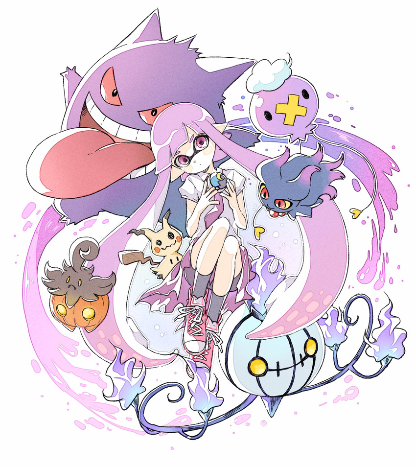 bad_id bad_twitter_id bike_shorts blank_eyes chandelure collared_shirt colored_sclera comamawa crossover dress drifloon female fire full_body gengar hands_up head_tilt highres holding holding_poke_ball inkling inkling_girl inkling_player_character knees_up long_hair long_tongue mimikyu misdreavus open_clothes open_shirt pointy_ears poke_ball pokemon pokemon_(creature) pumpkaboo purple_eyes purple_hair purple_theme red_eyes red_sclera shirt shoes short_hair_with_long_locks short_sleeves shorts_under_dress sidelocks simple_background sneakers splatoon_(series) tentacle_hair tongue tongue_out very_long_hair white_background wing_collar yellow_sclera