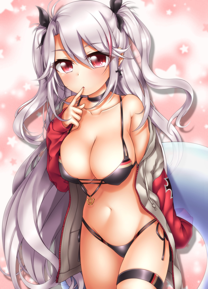 absurdres azur_lane bikini black_bikini black_choker blue_innertube breasts choker cleavage commentary_request cross derivative_work earrings female finger_to_mouth flag_print german_flag german_flag_bikini grey_hair hair_between_eyes highres index_finger_raised innertube iron_cross jewelry large_breasts long_hair looking_at_viewer multi-strapped_bikini_bottom multi-strapped_bikini_top multicolored_hair navel official_alternate_costume oooqqq parted_lips partial_commentary prinz_eugen_(azur_lane) prinz_eugen_(unfading_smile)_(azur_lane) red_eyes sideboob solo stomach swim_ring swimsuit thigh_strap two-tone_hair two_side_up