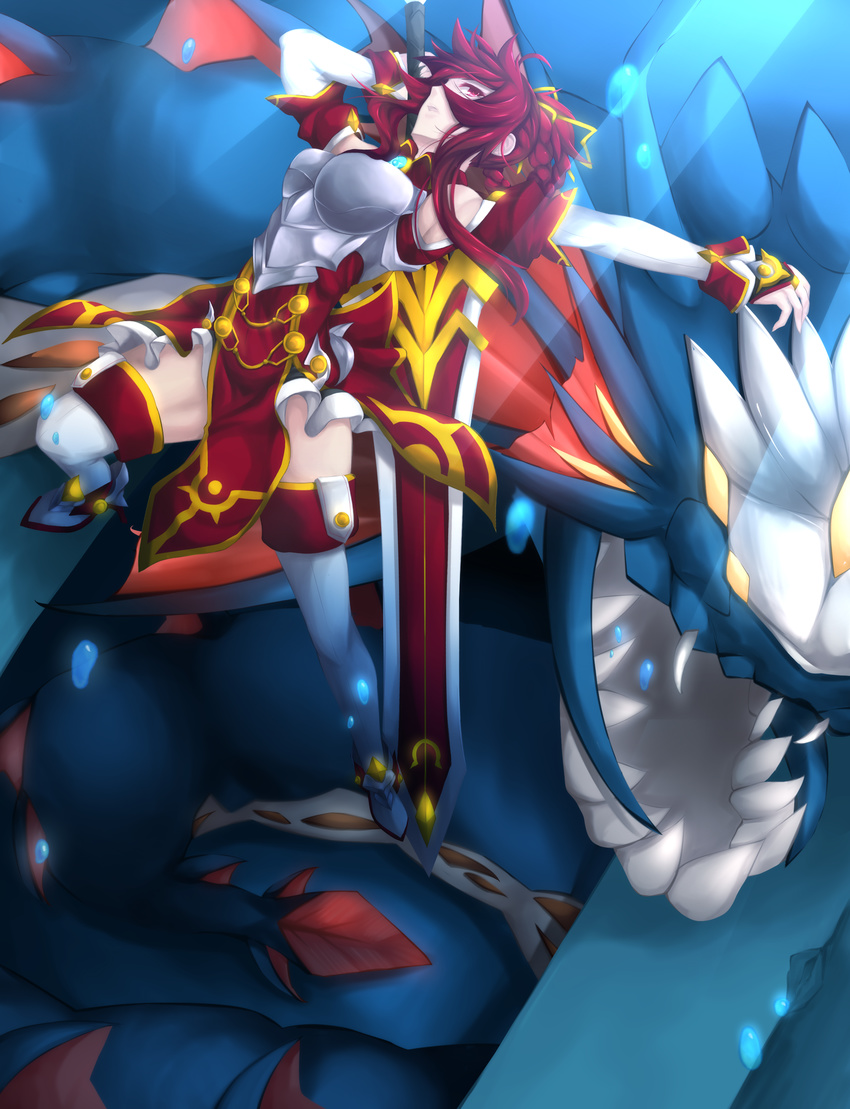 absurdres commentary_request elesis_(elsword) elsword female fi-san highres long_hair red_eyes red_hair saber_knight_(elsword) solo sword thighhighs weapon