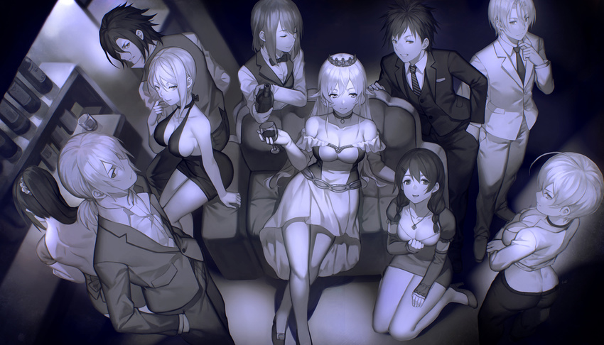 4boys 6+girls absurdres adjusting_collar ahoge alcohol arato_hisako armchair ass back bar_(place) bare_back bare_shoulders bottle bow bowtie braid breast_hold breasts chair choker cleavage closed_eyes closed_mouth collarbone commentary_request cousins covered_nipples crop_top crossed_arms crossed_legs cup cupping_glass detached_sleeves dress drinking_glass elbow_gloves formal frilled_sleeves frills from_above gloves grin hair_ornament hair_over_shoulder hair_scrunchie hairclip halterneck hand_in_pocket hands_in_pockets hayama_akira high_heels highres indoors jacket jewelry kurokiba_ryou leaning_to_the_side long_hair long_sleeves low_ponytail medium_breasts mito_ikumi monochrome multiple_boys multiple_girls nakiri_alice nakiri_erina necklace necktie off-shoulder_dress off_shoulder on_ground pants pendant photoshop_(medium) pouring puffy_short_sleeves puffy_sleeves ring scar scrunchie shiomi_jun shokugeki_no_souma short_dress short_hair short_sleeves sideboob sitting sleeveless sleeveless_dress smile standing striped striped_bow striped_necktie suit tadokoro_megumi takumi_aldini tiara traditional_bowtie twin_braids twintails vest waitress wariza wine wine_bottle wine_glass yukihira_souma yykuaixian