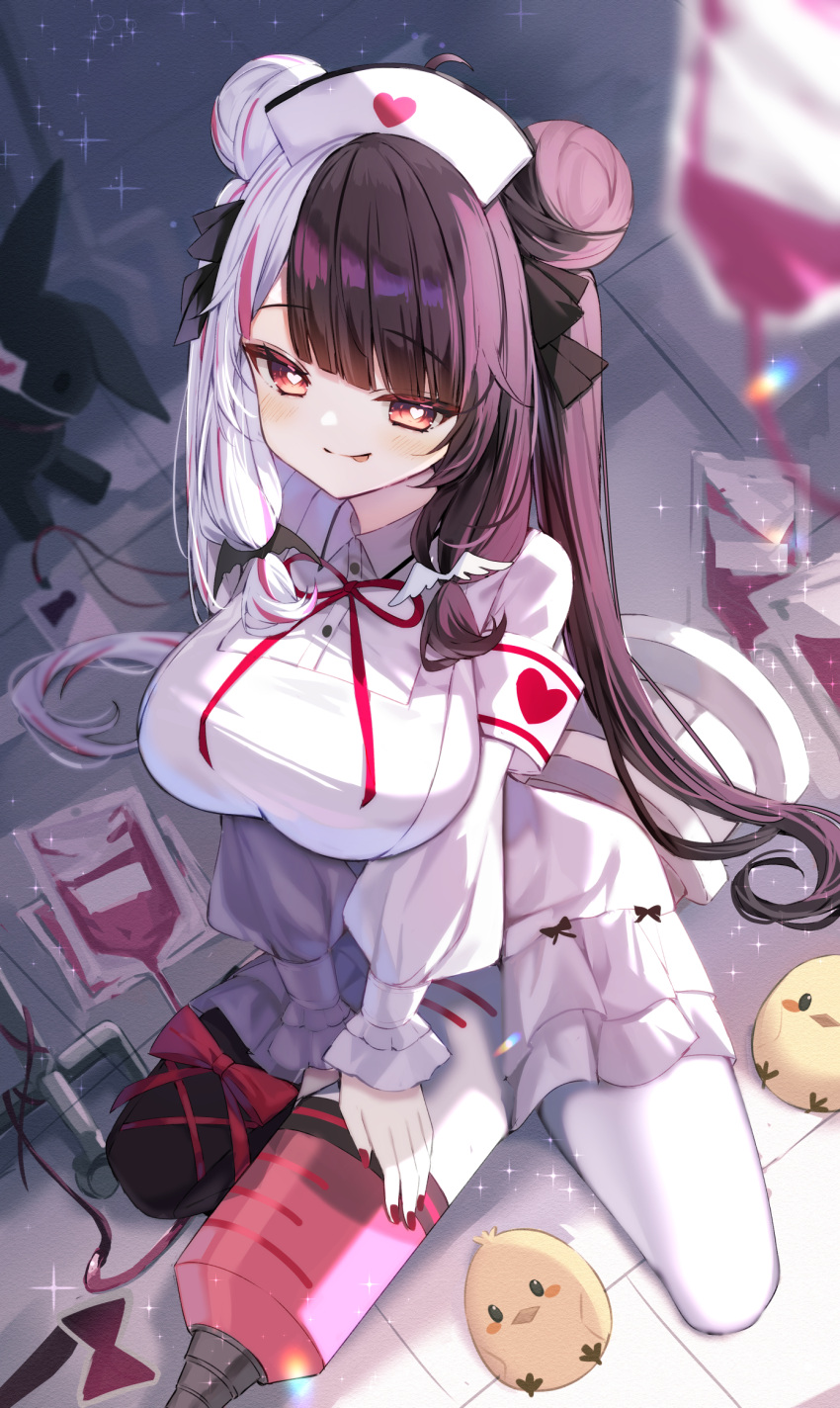 bird black_hair black_thighhighs blood blood_bag blush bow breasts dress female grey_hair haidollo hair_bun hair_ornament hairbow hat heart heart-shaped_pupils highres large_breasts large_syringe long_hair looking_at_viewer multicolored_hair nijisanji nurse nurse_cap oversized_object red_eyes sitting smile solo split-color_hair streaked_hair stuffed_toy symbol-shaped_pupils syringe thighhighs tongue tongue_out two-tone_hair virtual_youtuber wariza white_dress white_thighhighs yorumi_rena