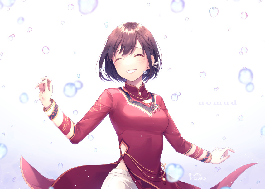 25-ji_nightcord_de._(project_sekai) alternate_costume breasts bubble closed_eyes dress female high_collar highres hinata_mizuiro long_sleeves medium_breasts official_alternate_costume pants project_sekai red_dress shinonome_ena short_hair simple_background smile tagme white_pants